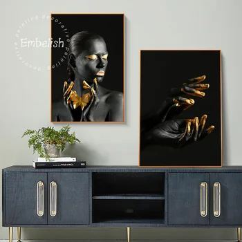 1 vnt Juodas Nuogas Afrikos Moteris Su Aukso Pirštai Lūpų Sienos Menas Nuotraukas Kambarį Namų Dekoro HD Drobė, Aliejus, Tapyba