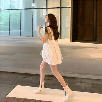 2 Dalių Rinkinys Moterims 2020 M. Rudenį V-Kaklo Spageti Dirželis Mini Suknelė+Atsitiktinis Baltos Spalvos Sportinius Y2k Mados Kostiumas Šalis Korėjos Drabužių