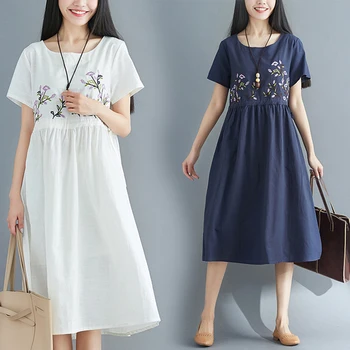 2018 m. Vasaros Medvilnės Ir Lino Siuvinėjimo Kinų Stiliaus Moterų Suknelė Meno Vintage 