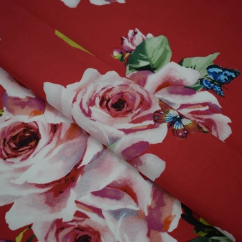 2018 reaktyvusis dažyti raudona apačioje, rožės, drugeliai, kūdikių medvilnės audinio vasaros suknelė telas por metro tissu as metrų vestidos