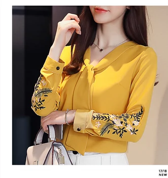 2019 m. vasarą naujų gėlių siuvinėti marškinėliai V-Kaklo marškinėliai moteris ilgomis rankovėmis korėjos versija elegantiška Juoda balta šifono marškinėliai 828H60