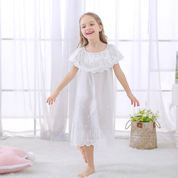 2019 Mergaičių medvilnės, baltos spalvos Nightgowns Pižama, Mergaitės Suknelė vasaros trumpas rankovės siuvinėjimas nėrinių suknelės nightgowns Sleepwear