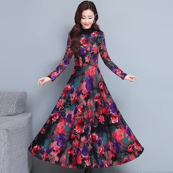 2020 Elegantiškas Moteris, Vestidos Spausdinti Gėlių Derliaus Aksomo Šiltas Tirštėti Suknelė 4XL Plius Dydis Rudens Žiemos Bodycon Šalies Maxi Suknelė