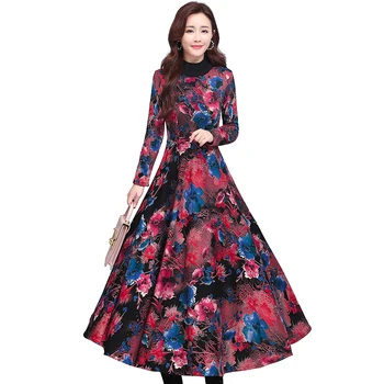 2020 Elegantiškas Moteris, Vestidos Spausdinti Gėlių Derliaus Aksomo Šiltas Tirštėti Suknelė 4XL Plius Dydis Rudens Žiemos Bodycon Šalies Maxi Suknelė