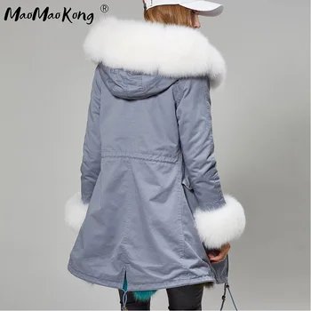 2020 lapės kailio pamušalas Kamufliažas kailiniai paltai moterims outwear nuimamas žiemos striukė Didelis meškėnas kailių apykaklės gobtuvu kailis parkas