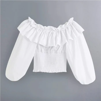 2020 m. moteris derliaus medvilnės balta trumpa palaidinė moteriška vasaros mados trumpas sluoksniuotos rankovėmis raukiniai kietas marškinėliai moterims velniop kaklo viršūnes
