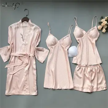 2020 m. Pavasarį, Rudenį Moterys Šilko Pižama Rinkiniai Su Krūtinės Pagalvėlės Pijama Sleepwear 4 Gabalus vientisos spalvos juostelės Satino Pižamos