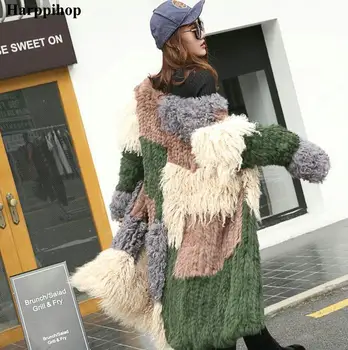 2020 m. rudens ir žiemos triušio plaukų vilna, mezgimo kailio paltą moteris trumpą dalį, ilgai dalyje apvalios apykaklės spalvinga spalvos kailis