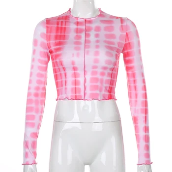 2020 M. Rudenį Korėjos Mados Kaklaraištis Dažų Print Long Sleeve Tee Marškinėliai Moterims, O-Kaklo Fitneso Apkarpytos Marškinėliai Akių Pasėlių Viršuje Streetwear