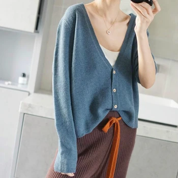 2020 m. rudenį naujų trumpas trikotažo moterų plonas korėjos versija V-tie sagtis duobę juostelės grynos vilnos megztinis kailis