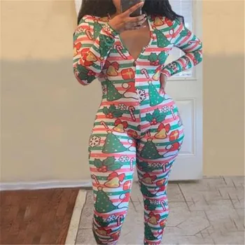 2020 m Seksuali Moteris Giliai V-kaklo Sleepwear Jumpsuit Romper Leotard ilgomis Rankovėmis Kalėdų Helovinas Spausdinimo Mygtukas Jumpsuits Ilgas Kelnes