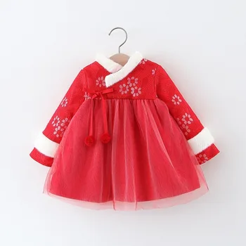 2020 m. Vaikų Raudonos Gėlės Naujųjų Metų Suknelė, Kailiniai Drabužiai Bamblys Mergaičių Kinų Vaikams Žiemos Dress Baby Girl Drabužiai 12 Mėnesių