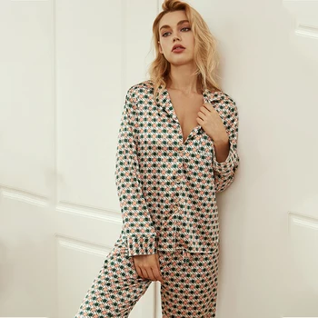 2020 Moterų Pavasario Vasaros Pižama Nustatyti Šilko Polka Dot Prarasti Moterų Sleepwear Pasukite Žemyn Apykaklės ilgomis Rankovėmis Vieną Krūtinėmis Pijama