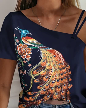 2020 Naujas Top Moterys Vasarą Elegantiškas Vieno Peties Phoenix Povas Spausdinti Atsitiktinis marškinėliai Lady trumpomis Rankovėmis Plius Dydis Negabaritinių Viršų