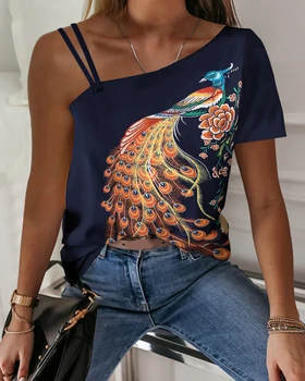 2020 Naujas Top Moterys Vasarą Elegantiškas Vieno Peties Phoenix Povas Spausdinti Atsitiktinis marškinėliai Lady trumpomis Rankovėmis Plius Dydis Negabaritinių Viršų
