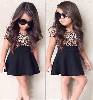 2020 Naujas Vasaros 2vnt/Komplektas Kūdikių Mergaitės Vaikas, Vasaros Suknelė Drabužius Leopard trumpomis Rankovėmis T-Shirt + Juodas Mini Sijonas Mados Aprengti 1-6Y