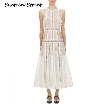 2020 Naujas Vasaros Baltos Spalvos Nėrinių Maxi Suknelė Moteris Apvalios Kaklo, Rankovių Tuščiaviduriai Margo Kilimo Ir Tūpimo Tako Mados Prabangių Vestido Šalis Suknelė