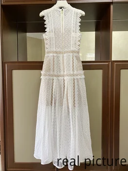 2020 Naujas Vasaros Baltos Spalvos Nėrinių Maxi Suknelė Moteris Apvalios Kaklo, Rankovių Tuščiaviduriai Margo Kilimo Ir Tūpimo Tako Mados Prabangių Vestido Šalis Suknelė