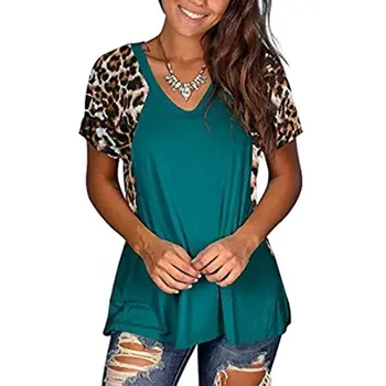 2020 Naujas Vasaros marškinėliai Moterims Leopardas Spausdinti Susiuvimo trumpomis Rankovėmis T-shirt Plius Dydis 3XL V-kaklo Prarasti Atsitiktinis Moterys T marškinėliai Topai