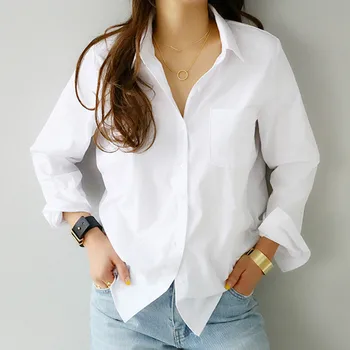 2020 Naujų Viena Kišenė Moterų Baltos spalvos Marškinėliai Moteriška Palaidinė ilgomis Rankovėmis Viršūnes Atsitiktinis Turn-žemyn Apykaklės OLIS Stiliaus Moteris Prarasti Palaidinukės