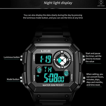 2021 LIGE Naujas Mados Elektroninių Žiūrėti Vyrų Sporto Vandeniui Data Žadintuvas Laikrodis Mens Watches Top Brand Prabanga Chronograph+Box