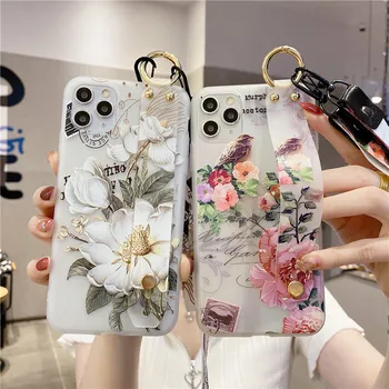 3D Reljefo Gėlių Minkšti Dėklai Huawei Mate 10 Pro 30 20 Lite P Smart Plus 2019 Nova 5Z Gėlių Telefono Laikiklis, Riešo Dirželis, Dangtelis