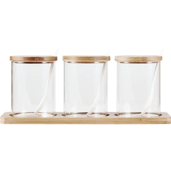 3pcs/set Skaidraus Stiklo Prieskonių Indelį 450mlx3 Salt Shaker Nustatyti, Medinės Padengti Keramikos Šaukštas Virtuvės Prieskonių Dėžutė Prieskonių Laikymo