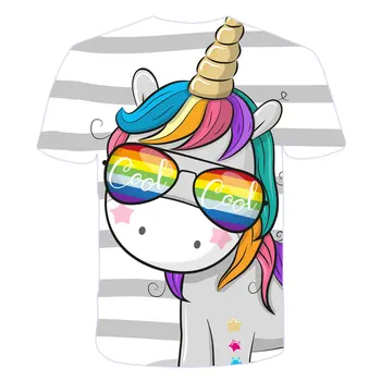 4-14 Y naujas 3D spausdinimo Merginos marškinėlius Spalva vienaragis su akiniais T-shirt Poliesteris unicornio marškinėliai mergaitėms Trumpas Tees Viršūnės