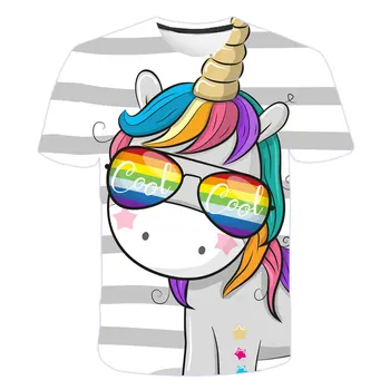 4-14 Y naujas 3D spausdinimo Merginos marškinėlius Spalva vienaragis su akiniais T-shirt Poliesteris unicornio marškinėliai mergaitėms Trumpas Tees Viršūnės