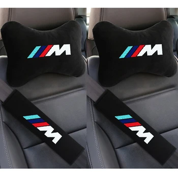 4pcs Automobilių Minkštos Pagalvėlės Pagalvėlės Kaklo Pagalvės užvalkalą ir Automobilio saugos Diržus padengti BMW M BMW M POWER M3 M5 Auto Interjero Priedai