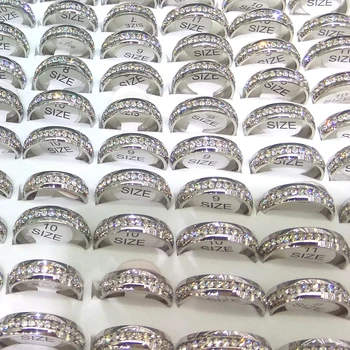 50pcs Sidabro Spalvos Nerūdijančio Plieno Žiedai, 6mm Pločio, Aišku, kalnų krištolas Aplinkinių Sumaišyti Dydis