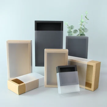 5vnt/ 10vnt/ kraft popieriaus dovanų dėžutėje PVC skaidri lango black box pakuotės, dėžutės saldainių vestuvių išskirtinį juoda kortele ekranas dėžutę