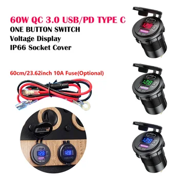 60W PD C Tipo/QC 3.0 USB Automobilinis Įkroviklis, Greito Įkrovimo su ON/OFF mygtukas Jungiklis su Led Ekranas, Sunkvežimių, Motociklų ATV GPS DVR