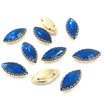 7X15mm Royal blue Lapų formos siūti cirkonio aukso bazės, su skyle lacy nagus, stiklas, krištolas kalnų krištolas 