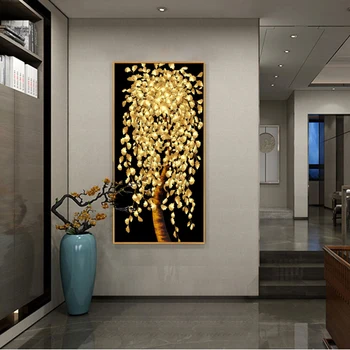Abstrakti Aukso Lapų ir Pinigų Medžio Aliejaus Tapyba ant Drobės, Plakatų ir grafikos Sienos Menas Nuotraukas Kambarį Cuadros Dekoras