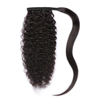 Afro Keistą Garbanoti plaukai surišti į uodegą plėtiniai žmogaus plaukų Moteris Hairpiece Wrap Aplink Tai Brazilijos Remy Šukuosena