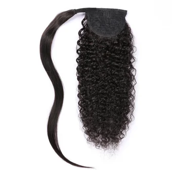 Afro Keistą Garbanoti plaukai surišti į uodegą plėtiniai žmogaus plaukų Moteris Hairpiece Wrap Aplink Tai Brazilijos Remy Šukuosena