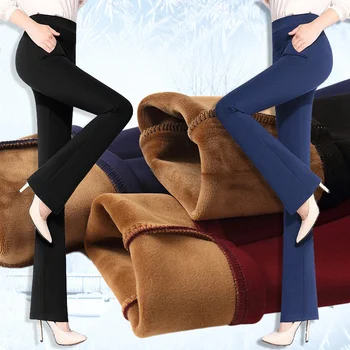 Aukštos Juosmens Flare Kelnės Žiemos Moterys Storio Fleeces Šiltas Kelnes OLIS Elegantiškas Kietos Juodos Kelnės Visas Ilgis Sniego Karšto Pants P9485