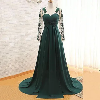 Aukštos Kokybės Linija, Tamsiai Žalios spalvos ilgomis Rankovėmis Motina Nuotakos Suknelės Puošmena-Kaklo Appliqued Vestuvių Svečių Chalatai Skylutę Atgal