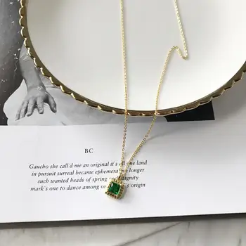 Autentiškas 925 Sterling silver Green emerald Aikštėje Geometrinis Karoliai FINE Jewelry TLX798