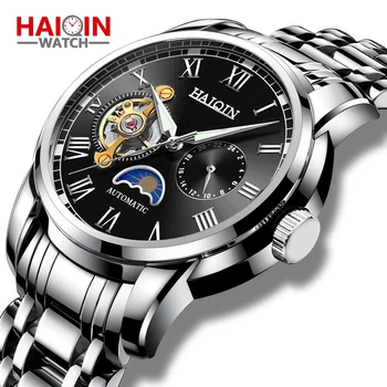 Automatinė Mašinų vyriški laikrodžiai HAIQIN 2019 Naują aukščiausio prabangos prekės ženklo žiūrėti vyrų verslo plieno laikrodis vyrams mėnulis žiūrėti reloj hombre