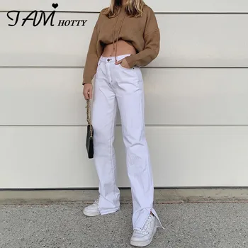Balta Splitas Tiesiai Moterų džinsus Baggy Derliaus Aukšto Juosmens Draugų Mama 90s Džinsinio Nelaimę Streetwear 2020 metų Moteris Iamhotty