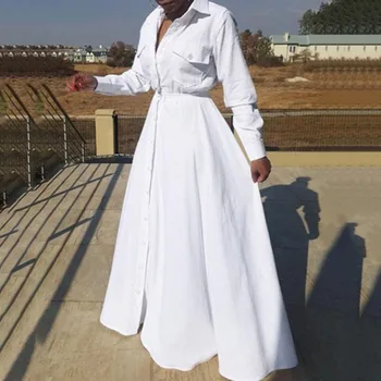 Baltas Didelis Dydis Ilgi Marškinėliai-Suknelė Aukšta Juosmens Linija 2020 M. Rudenį Afrikos Moterų Maxi Ilgio Suknelės Skraiste Femme Vestiods Atsitiktinis Kasdien