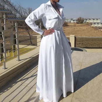 Baltas Didelis Dydis Ilgi Marškinėliai-Suknelė Aukšta Juosmens Linija 2020 M. Rudenį Afrikos Moterų Maxi Ilgio Suknelės Skraiste Femme Vestiods Atsitiktinis Kasdien