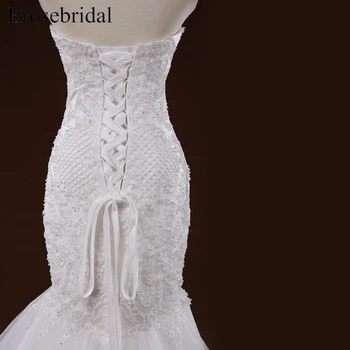 Baltos Spalvos Elegantiškas Nėrinių Undinė Vestuvių Suknelė Ilgai Royal Traukinio Brangioji Perlai Duobute Nėriniai Atgal Vestuvių Suknelė Nuotakos