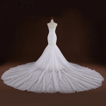 Baltos Spalvos Elegantiškas Nėrinių Undinė Vestuvių Suknelė Ilgai Royal Traukinio Brangioji Perlai Duobute Nėriniai Atgal Vestuvių Suknelė Nuotakos