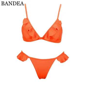 BANDEA Neoninės Oranžinės spalvos Bikini Komplektas Pynimas Trikampis maudymosi Kostiumėliai Moterims, Kietas Paplūdimio Drabužiai Paminkštinta Liemenėlė Brazilijos Diržas Apačioje Maudymosi Kostiumas