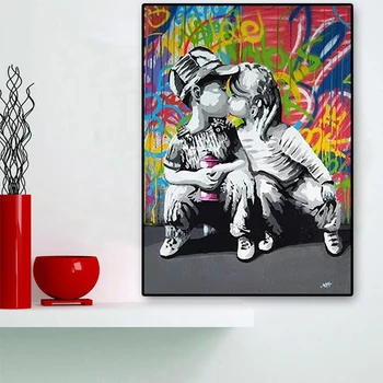 Banksy Abstraktus Mergina Pabučiuoti Berniuką, Drobė, Tapyba Plakatus Spausdina Quadros Sienos Pop Grafiti Gatvės Meno Kambarį Namų Dekoro Cuadros