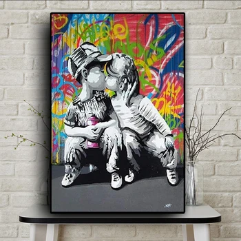Banksy Abstraktus Mergina Pabučiuoti Berniuką, Drobė, Tapyba Plakatus Spausdina Quadros Sienos Pop Grafiti Gatvės Meno Kambarį Namų Dekoro Cuadros