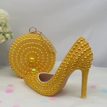 BaoYaFang Geltona Pearl moterų vestuvių batai su atitikimo krepšiai Nuotaka Aukšti kulniukai ponios šalis suknelė bateliai moteris Nurodė, Kojų Siurbliai
